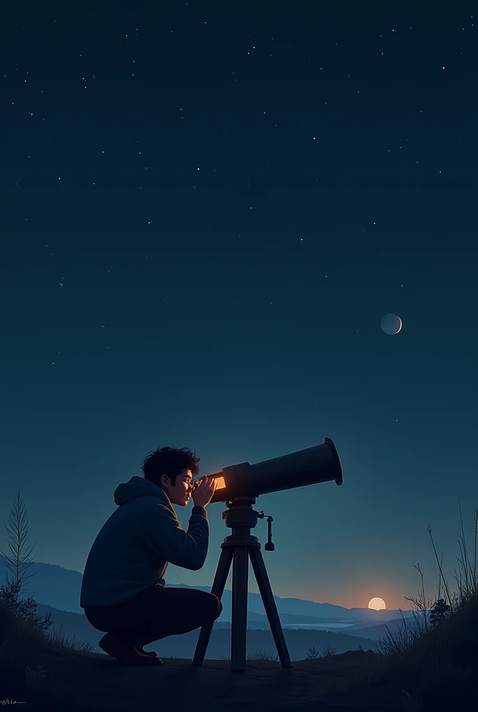  A person observing the sky with a telescope while, On the horizon, you can see a faint light that disappears between the stars .