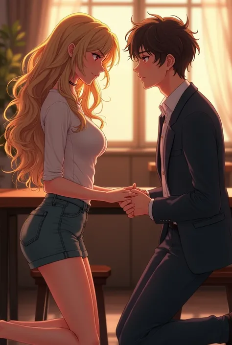 Beautiful blonde girl curly hair firm breasts slim fitt eyes coffee slim fitt secretary short skirt kneeled before her boyfriend male doctor hair cafe anime