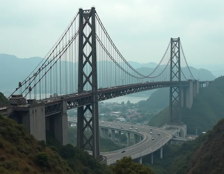 A detailed scene of large, industrial-style hanging and concrete bridges in Costa Rica, designed for heavy-duty use, with a more developed, urbanized setting. The bridges feature massive steel cables and sturdy concrete structures, showcasing intricate eng...