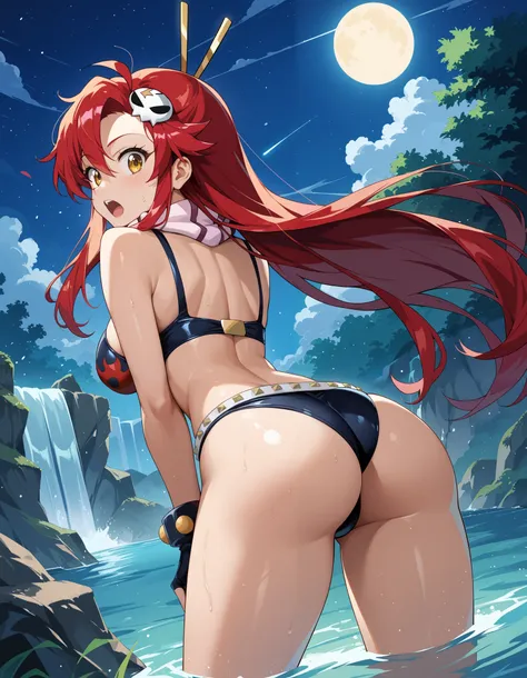 score_9, score_8_up, score_7_up, rating_safe, BREAK, night, dark, waterfall, yoko_littner, tengen_toppa_gurren_lagann, 1girl, red_hair, yellow_eyes, ass, looking at viewer, surprised