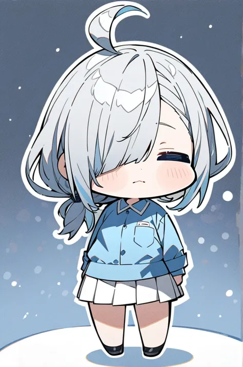  prompt :  1 girl, whole body,  Chibi,  blue shirt, White Skirt,  standing, Thick outline,=_=, masterpiece, best quality
shortcuts, Ahoge, Grey Hair,  Cover one eye with hair,   silver-haired,   Low Ponytail  ,   asymmetrical hairstyle ,   Thin Cyan Hair ,...