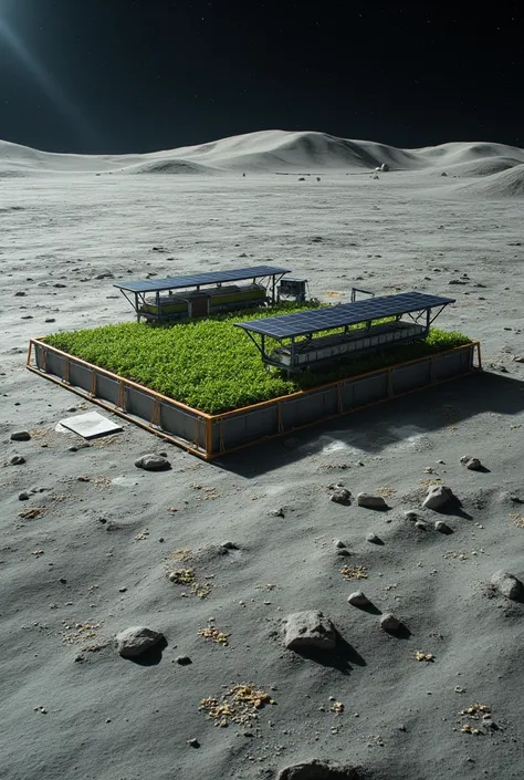 Moon Base, Solar panels line the perimeter of the base in an orderly fashion, providing a constant supply of energy. In addition, a 3D printer using lunar sand produces necessary building materials on the spot to expand and repair the base. Inside the base...