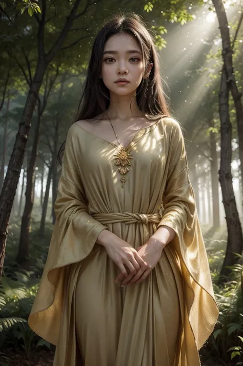 A serene figure standing at the edge of a mystical forest bathed in a warm golden glow. The person, depicted with intricate facial details, gazes upward with a calm yet inquisitive expression. Translucent, fluid-like energy waves radiate from their body, i...