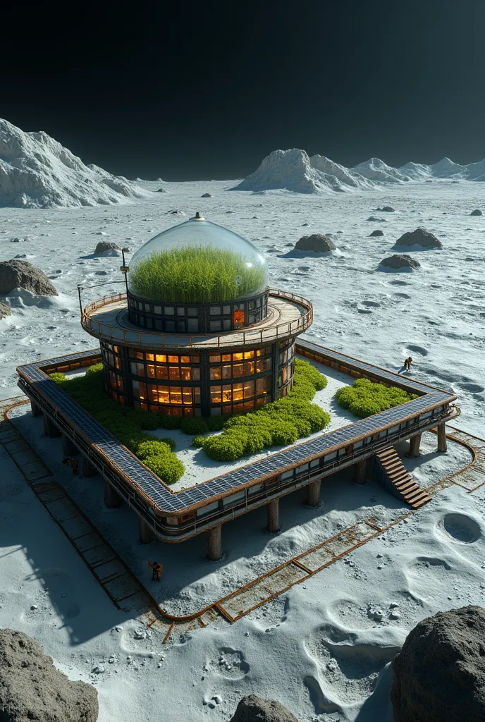 Moon Base, Solar panels line the perimeter of the base in an orderly fashion, providing a constant supply of energy. In addition, a 3D printer using lunar sand produces necessary building materials on the spot to expand and repair the base. Inside the base is a plant factory, where vegetables and fruits are grown in a clean environment. The space overflowing with green plants gives a sense of warmth in contrast to the cold surface of the moon.