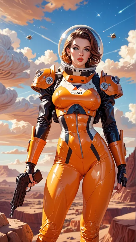 A bold and dynamic hyper-realistic anime-style illustration featuring a voluptuous woman in a sleek, golden spacesuit with large shoulder pads. She poses dramatically, holding a ray gun, while a small, alien-like creature peers from behind her leg. The sce...