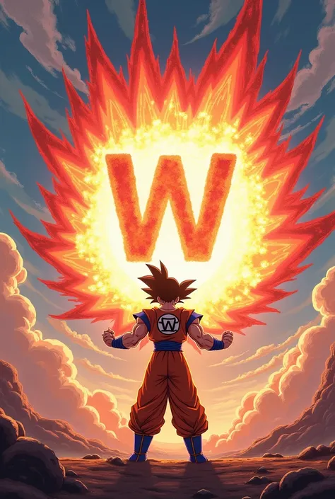 Create me a wallpaper where Goku is throwing a kamekameha and the kamekameha says w