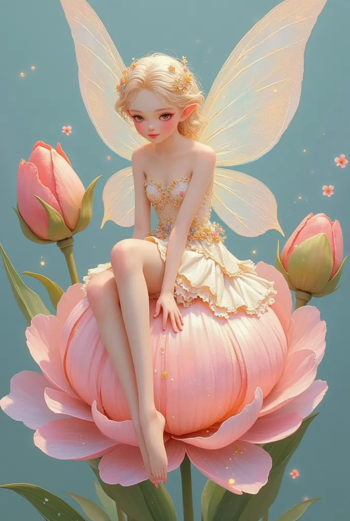 a fairy with wings sits on a blooming peony,  beautiful eyes，cross your legs，wear a dress with frills，