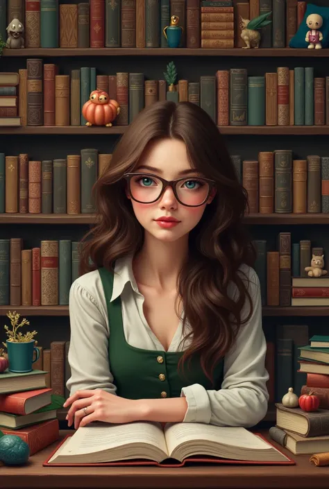 A woman with long brown hair and white skin and glasses with a bookcase of books and pop funkos 