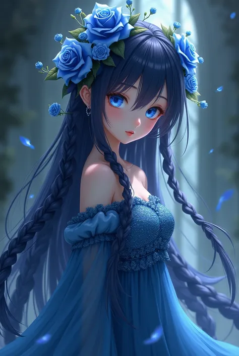  anime girl dark blue long braided hair. blue roses. Long glitter dress in blue . 