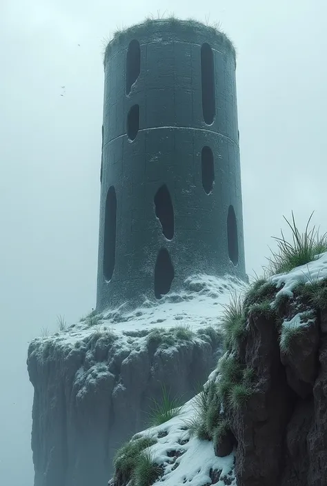 A ruined cylindrical obsidian tower filled with openings on a cliff covered by a layer of snow and some greenish grass