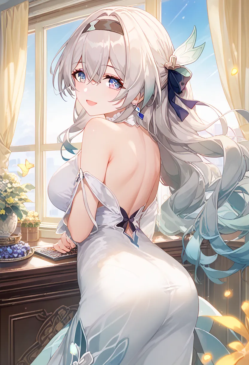 1girl, firefly,honkai star rail,solo, milf,long hair, breasts, looking at viewer, blush, smile, open mouth, blue eyes, Glamorous, erotic, mature, hair ornament, hair between eyes, white hair, grey hair, hair ribbon, ponytail, sidelocks, hair bow, indoors, ...