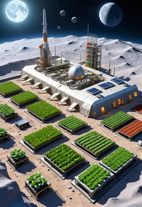 Moon Base, Solar panels line the perimeter of the base in an orderly fashion, providing a constant supply of energy. In addition, a 3D printer using lunar sand produces necessary building materials on the spot to expand and repair the base. Inside the base...