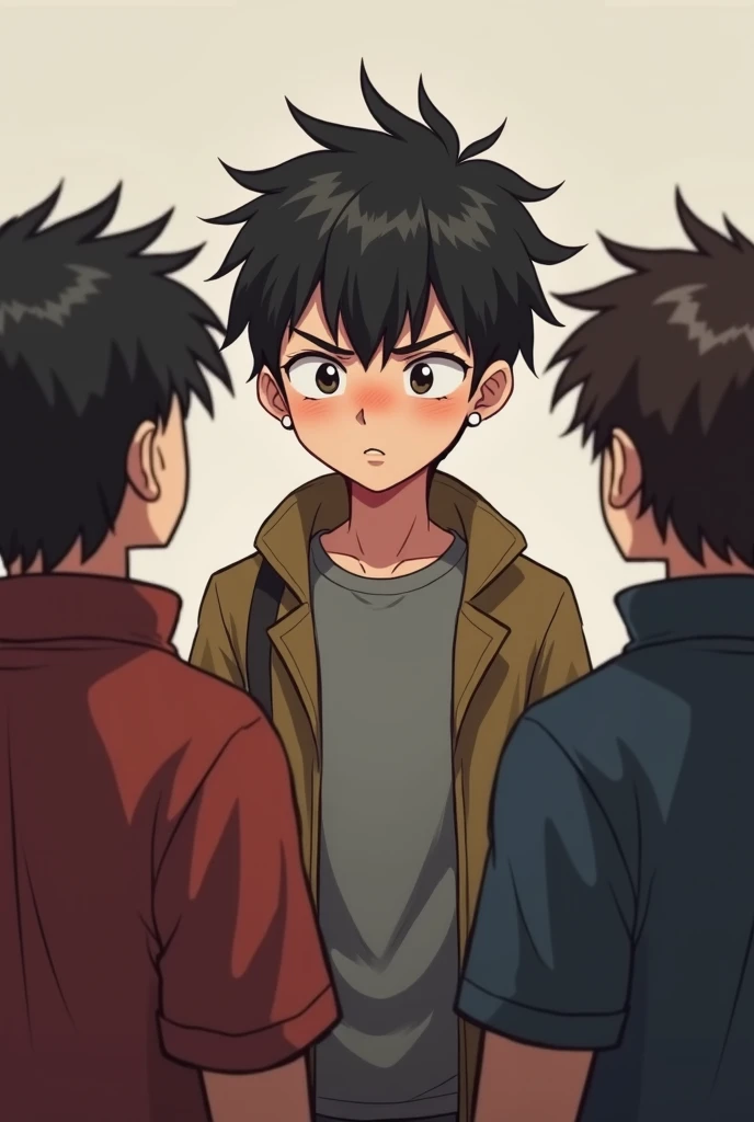 A grumpy and dark-haired boy telling his friends something  ,  his friends are on their backs but that the background is somewhat neutral but that only one boy talks to the others in a group and that they are only men