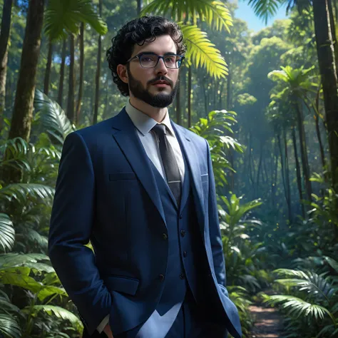 Ultrarealistic full-body portrait photograph of nerdy, pale Caucasian man, with dark realistic eyes, wearing spectacles, with curly black hair and a bushy black beard, wearing a formal navy blue suit, standing in front of a tropical forest on a sunny morni...