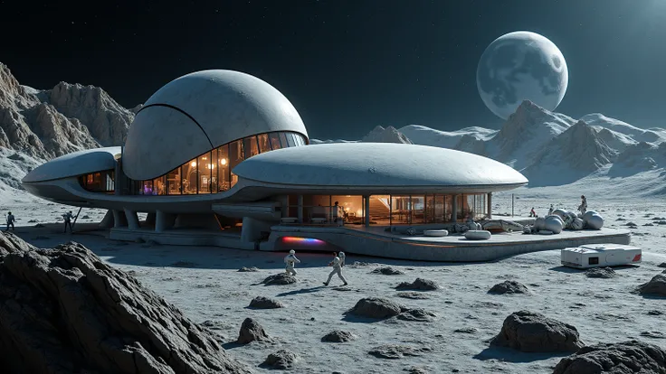 A futuristic, out-of-the-ordinary lunar base, with elegant architectural structures and transparent domes offering a view of the lunar landscape. The base is surrounded by craters and lunar mountains, with the Earth visible on the horizon. Advanced space v...