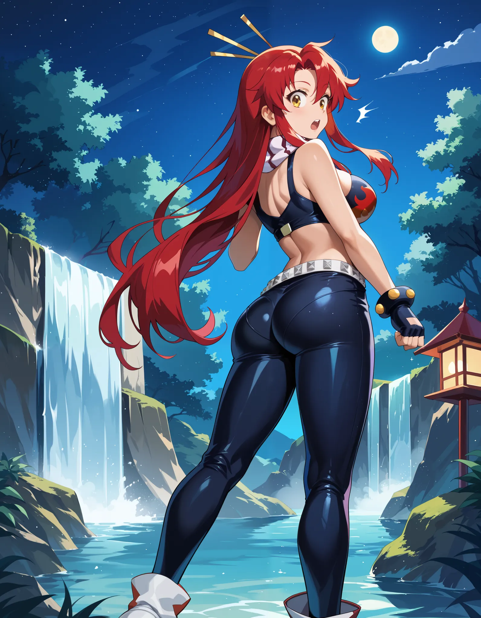 score_9, score_8_up, score_7_up, rating_safe, BREAK, night, dark, waterfall, yoko_littner, tengen_toppa_gurren_lagann, 1girl, red_hair, yellow_eyes, ass, looking at viewer, surprised