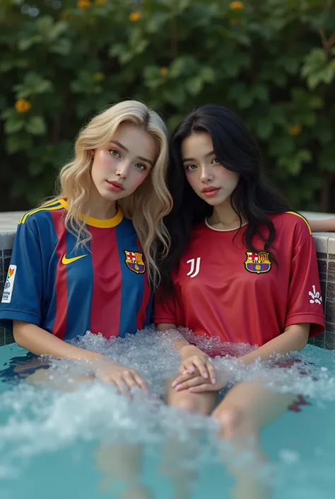 Create an ultra realistic image in great detail with two 18-year-old girls , a blonde and another with black hair, Relaxing in the jacuzzi wearing a very large Barcelona jersey and a Juventus jersey with a detailed effect of the water on the jersey 