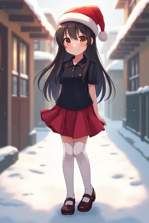  Girl with black polo ,red skirt , long white stockings , school shoe  , Christmas hat
