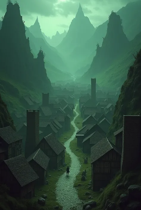 Create tactical RPG image of a medieval village in the style of Lovecraft with a view from above