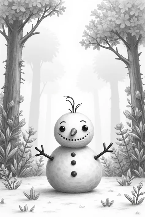 Make a picture of an snowman in the forest With trees full of leaves and make it look like it was drawn in pencil