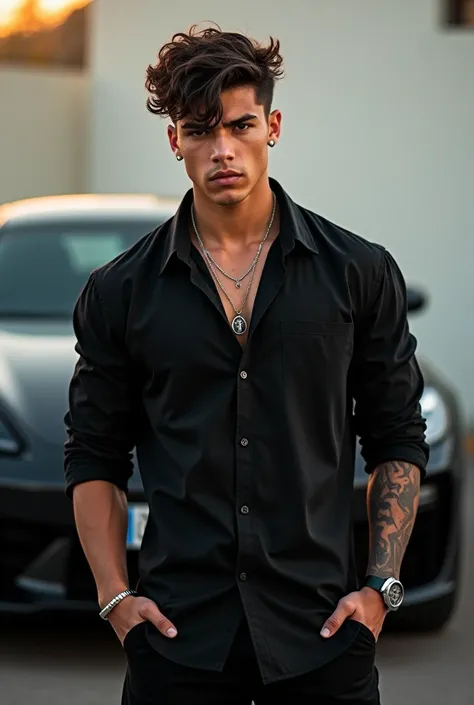 Make a book cover Boy
 should look like real man. boy should want to wear a black colour shirt and trouser in hot way. Also he want to wear a silver colour necklace and ear piercing his one hand should want to have a hot looking tattoo and want to wear a w...