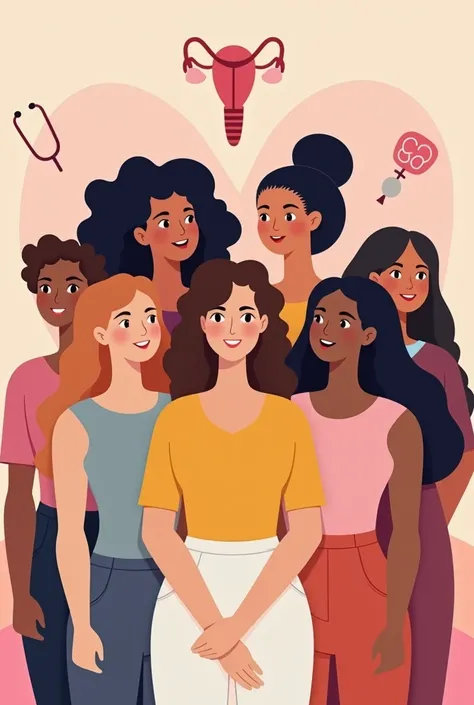  Create a realistic and motivating image ,  showing a diverse group of united women ,  symbolizing menstrual support and health .  Use a soft background with pink and yellow gradients ,  discreetly integrating medical icons , such as a stethoscope and uter...