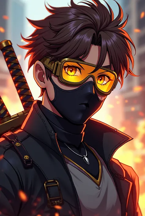 Red immortal superhero young anime type tactical with mask, katans and guns man and with mask and golden goggles similar to deadstroke younger goolges visor full mask, quitale la mascara y que sea guapo de anime con cabello castaño y una cicatriz de corte ...