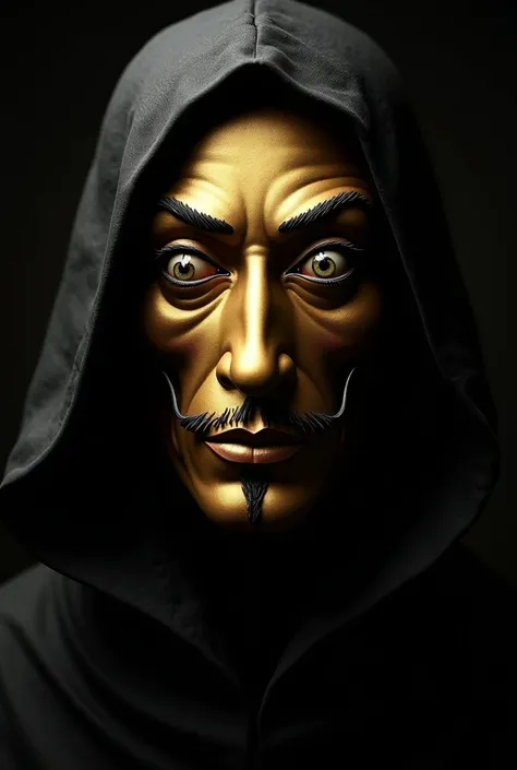 logo with the Salvador Dalí mask (in gold hood and black background , white mascara black eye shadows) 