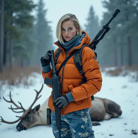 woman with blonde bob hair, green eyes, wearing a orange puffer jacket and blue camo pants. In a snowy forest next to a shot reindeer body with pride, a sniper on her back