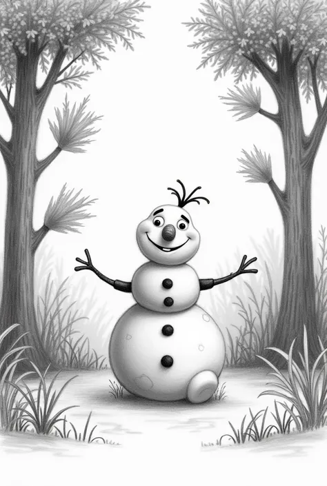 Make a picture of an snowman in the forest With trees full of leaves and make it look like it was drawn in pencil