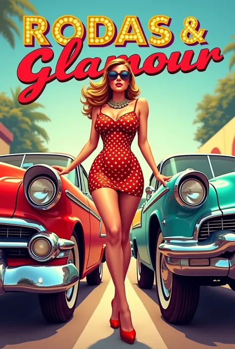 Create a cardgame logo with the name spelled Rodas  & Glamour,  which is about classic car races and retro Pinup parades
Put on polka dot dress,  sunglasses, Scarf around the head and her between two cars  