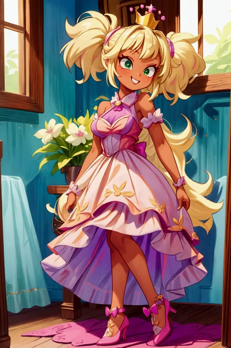 (Masterpiece, best quality) 1 girl, standing indoors with intricate details and sunlight, magenta and white frilled dress with short neckline, purple high heel shoes, crown in head, blonde medium long  hair, two ponytails, green eyes, blue, dark brown skin...