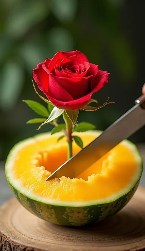  Amid the freshness of the bright yellow watermelon fruit ,  as the sharp knife splits it in half ,  there is an unexpected miracle :  a speck The red rose blooms gracefully inside the juicy pulp of the fruit.  The red color contrasts with the bright yello...