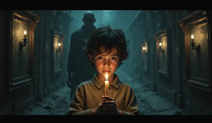 fantastic image of a  boy in the dark at night with a candle trying to light and with fear in his eyes, watery eyed . . the  is crying.  The stage is a dark labyrinth , as if straight out of a nightmare ,  where there are seven different doors ,  classical...