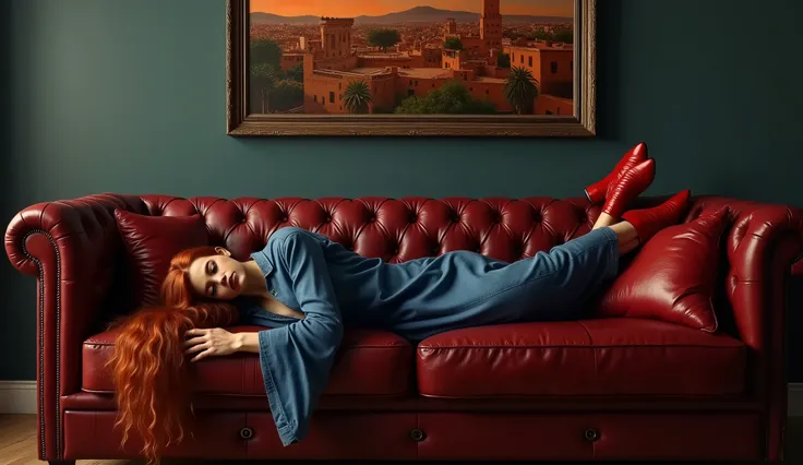  A realistic image with very precise details of a beautiful Brazilian woman with long red hair,  sleeping on a dark red leather sofa , wearing a denim shirt and pants and red leather shoes.  On the wall is an artistic painting of the city of Marrakech , Th...