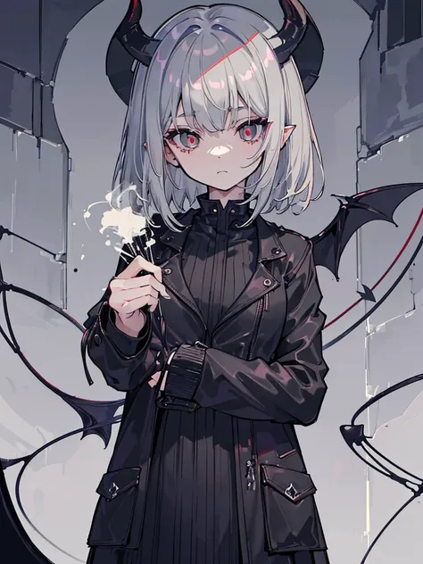 (masterpiece,  best quality,  ultra high resolution),1 Female,Gray Hair, Shorthair,(( demon girl 👹)),((How Bols Look )),( black jacket ),Beautifully detailed face,  detail eyes,  stare at the viewer standing in a dark room,(Gray Theme),In the park,  knight...