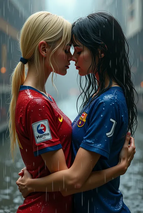 Create an ultra realistic image in very detail with two 18-year-old girls embracing , a blonde and another with black hair, Soaked up taking a rain shower wearing a very large Barcelona jersey and a Juventus jersey with a detailed effect of the water on th...