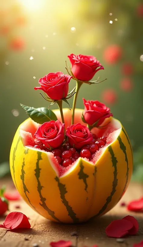  When the yellow watermelon breaks with a fresh sound ,  sunlight highlights the surprising interior :  for a second graceful red roses emerge from juicy and sweet pulp .  The presence of colorful roses bright it creates an amazing contrast with the bright...