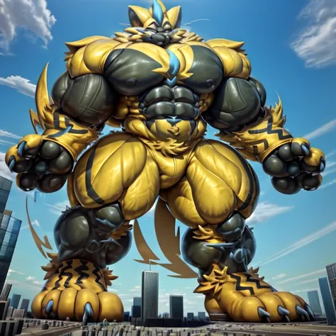 - ZERAORA, Golden Armor. The whole body is golden.
- masterpiece. official art. 8k. best quality. detailed full body. full body.
- no face. wearing a full-face helmet.

- large muscles,  big muscle, huge muscles,  massive muscles,  glistening muscles, bulk...