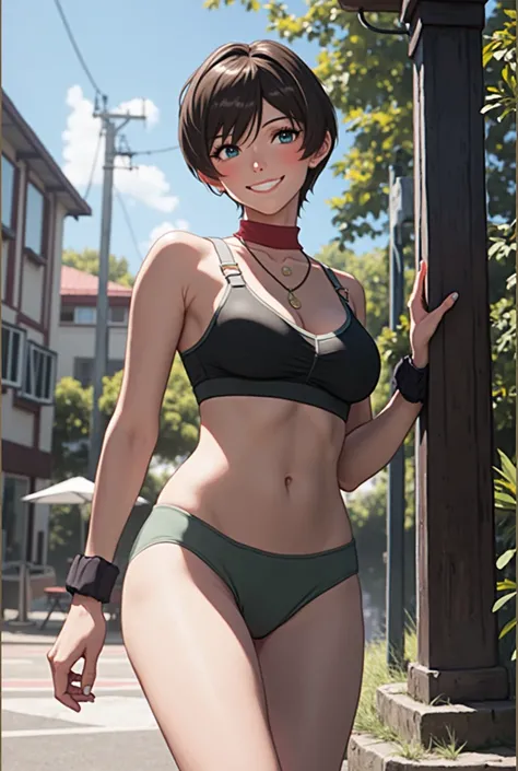 ((rebecca chambers)), crop top, white tank , Booty shorts, gentle smile ,