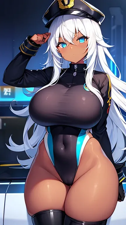 1girl, dark skin, dark-skinned female, police uniform, police, white hair, long hair, blue eyes, police hat, huge breasts, wide hips, thick thighs, policewoman, futuristic, neon trim, science-fiction, machinery, tech, blue trim, glowing eyes, toned female,...