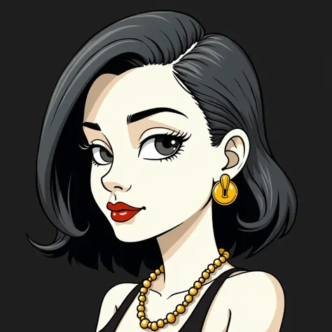 Simpsons style cartoon art in simple strokes with dark colors and high contrast,  white woman, Chanel slightly gray black hair , side stripe, golden earring