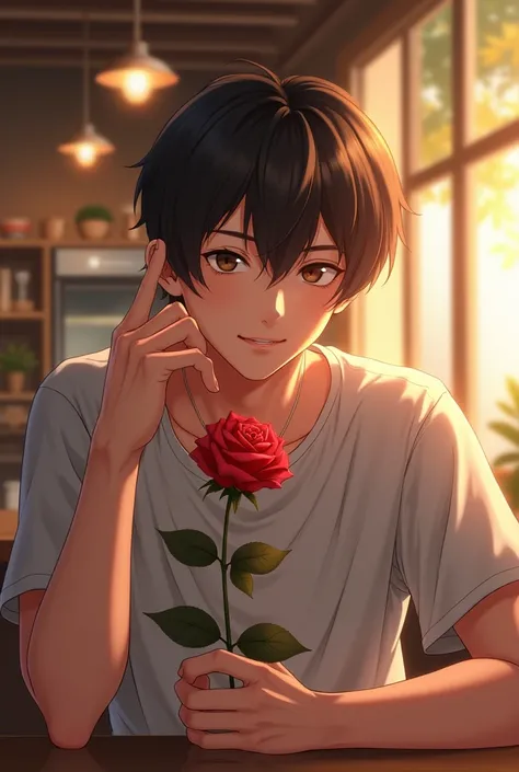 frontal, soft light, ( photoestiloanime1 :4), 1 Japanese mens , Alone, attractive,  beautiful face,  smiling (short hair),
 Sit in a coffee shop, handing out rose in hand 