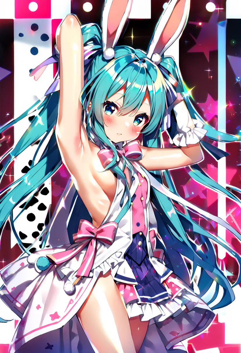 (hatsune miku:1.2), (virgin killer magical idol costumes:1.4), (lop-ears rabbit:1.4), (blush:1.4), (gleaming skin, shiny skin:1....