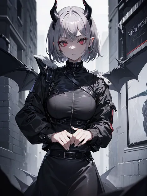 (masterpiece,  best quality,  ultra high resolution),1 Female,Gray Hair, Shorthair,(( demon girl 👹)),((How Bols Look )),( black jacket ),Beautifully detailed face,  detail eyes,  stare at the viewer standing in a dark room,(Gray Theme),In the park,  knight...