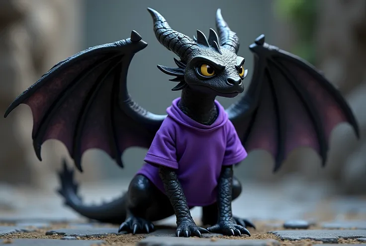 Create Black Dragon, small, posing for a photo, With the purple shirt 