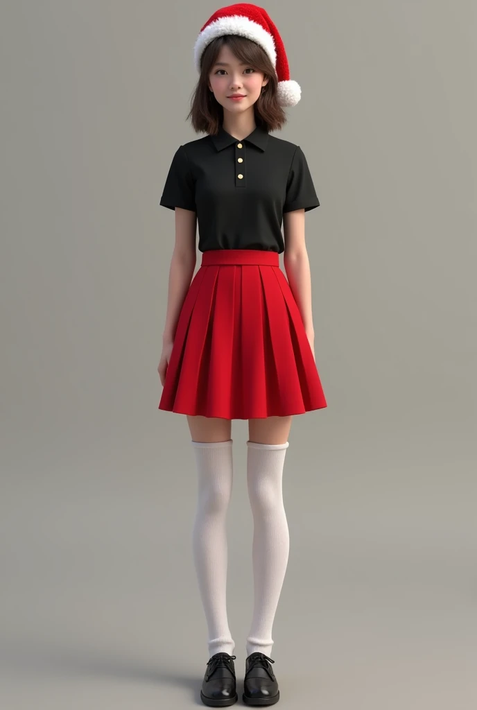  Polo negra normal ,red skirt ,long white stockings up to the leg, black school shoe , Christmas hat