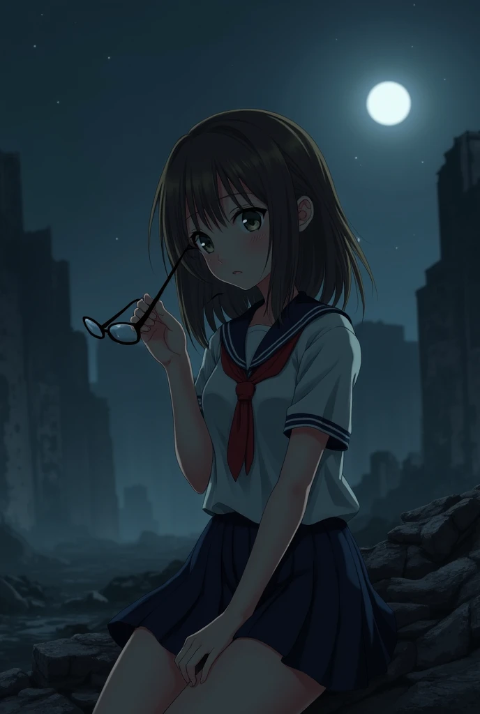 Crying face　 sheds tears　 Darkness　A night without a moon or stars　Brown Hair　High school girl　Holding glasses　deserted ruins background　anime　Japan　Brown eyes　 tattered uniform 　Sitting on rubble　whole body　Sidelong glance　In the thick fog　Dark look