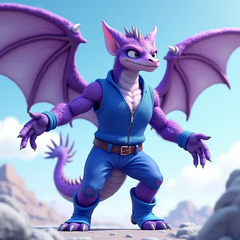  Purple muscular winged dragon furry, wearing blue boots , wearing blue pants ,  in a blue sleeveless zipped sweater , flying in the sky wearing blue gloves