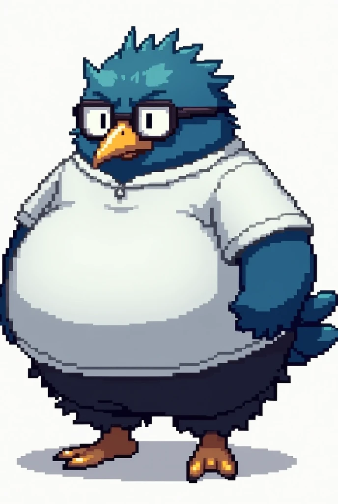 Berdly from Deltarune, professional art made by toby fox, glasses, blue feathsrs, 1boy, solo, male, avian, pixelated, chubby, big belly, white shirt, black shorts, wide hips, thick thighs